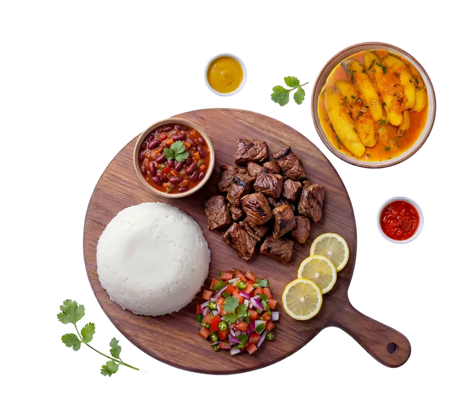 African meals placed on a board including ugali, beef, bean stew, kachumbari, matoke, etc